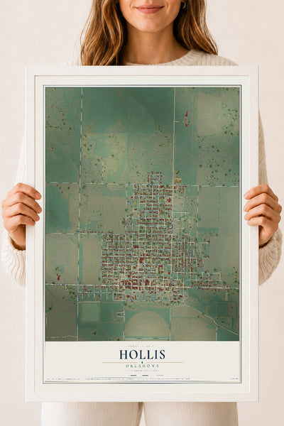 Map of Hollis, Oklahoma, 18 x 24 inch print in a white wood frame
