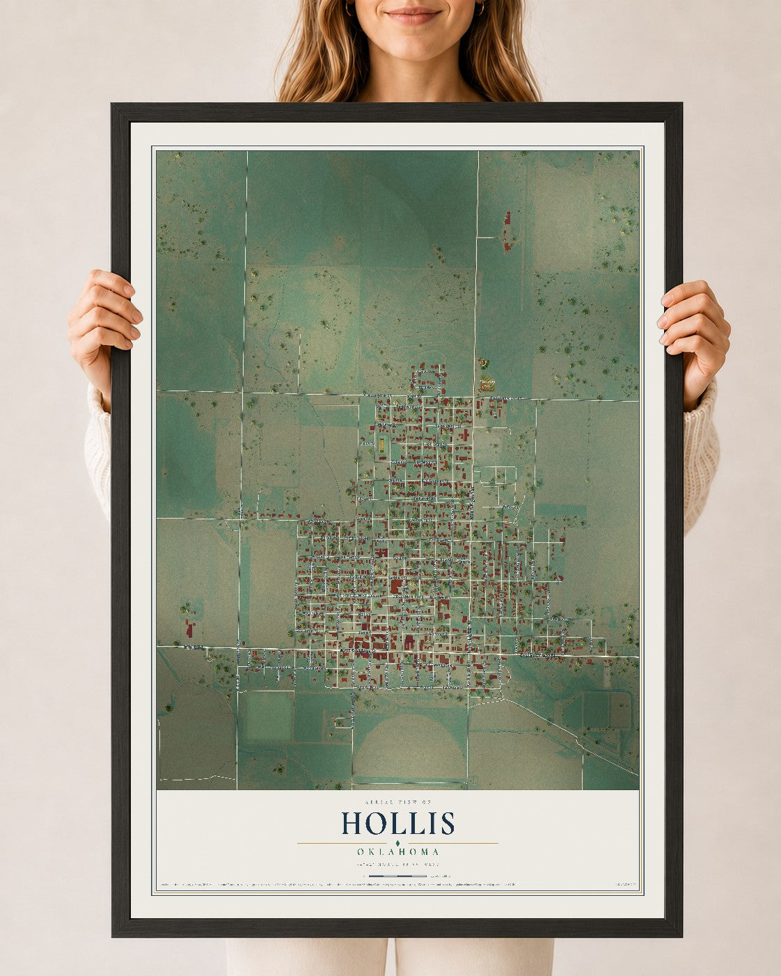 Map of Hollis, Oklahoma, 24 x 36 inch print in a black wood frame