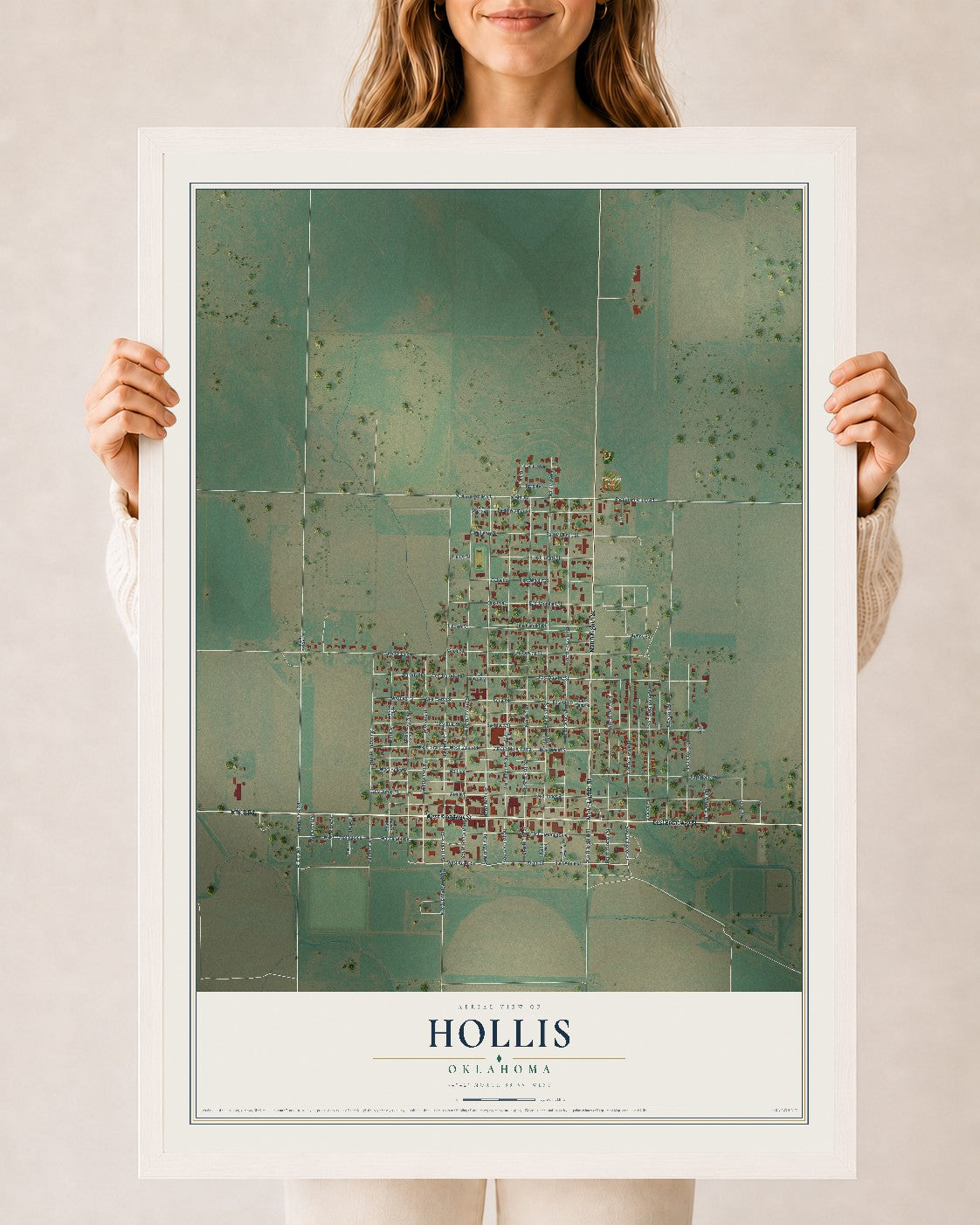 Map of Hollis, Oklahoma, 24 x 36 inch print in a white wood frame