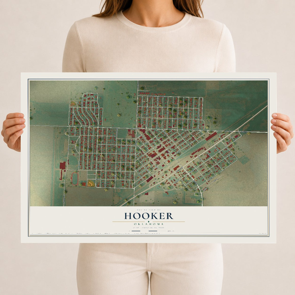 Map of Hooker, Oklahoma, 12 x 18 inch unframed archival matte print