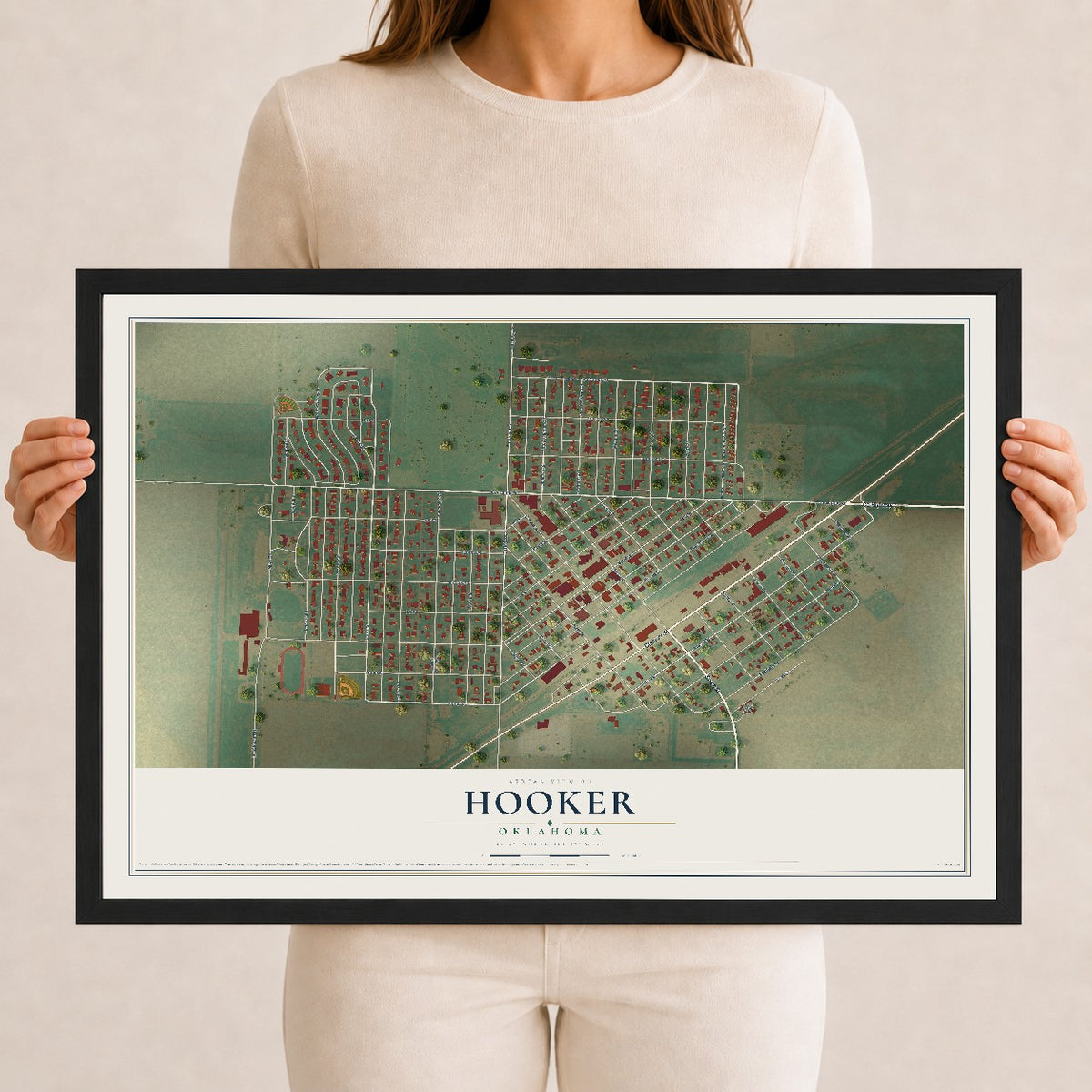 Map of Hooker, Oklahoma, 12 x 18 inch print in a black wood frame