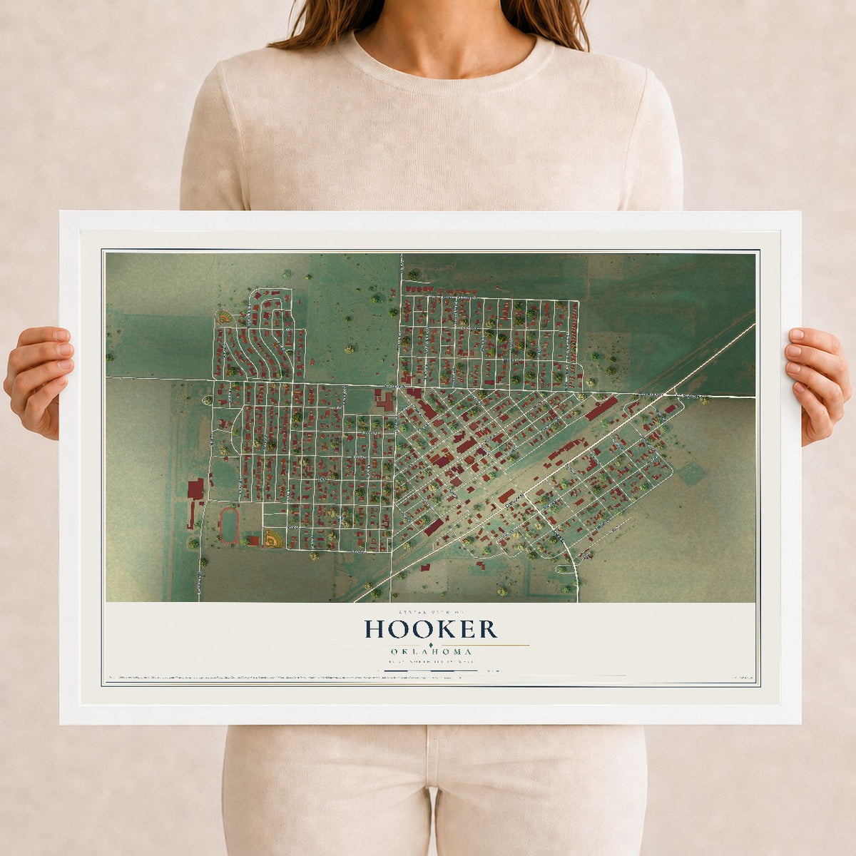 Map of Hooker, Oklahoma, 12 x 18 inch print in a white wood frame