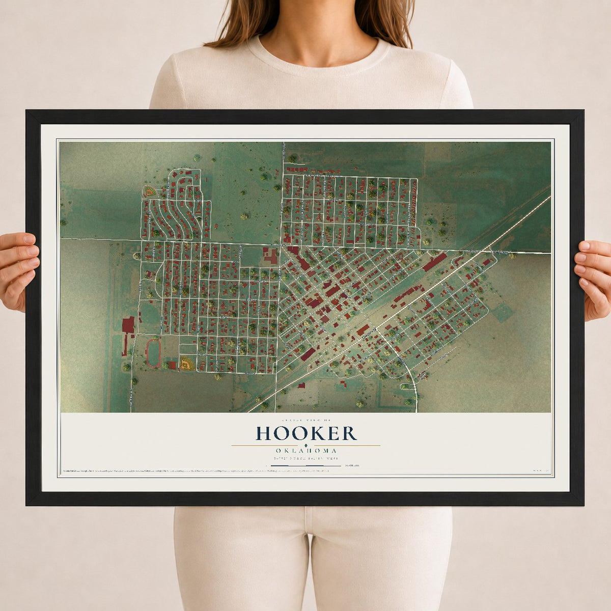 Map of Hooker, Oklahoma, 18 x 24 inch print in a black wood frame