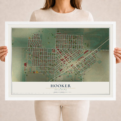 Map of Hooker, Oklahoma, 18 x 24 inch print in a white wood frame