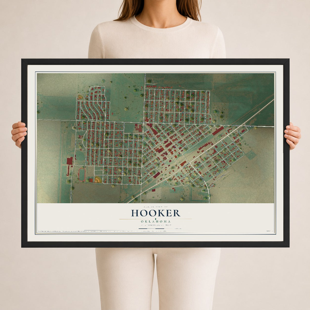 Map of Hooker, Oklahoma, 24 x 36 inch print in a black wood frame