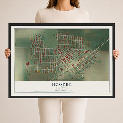 Map of Hooker, Oklahoma, 24 x 36 inch print in a black wood frame