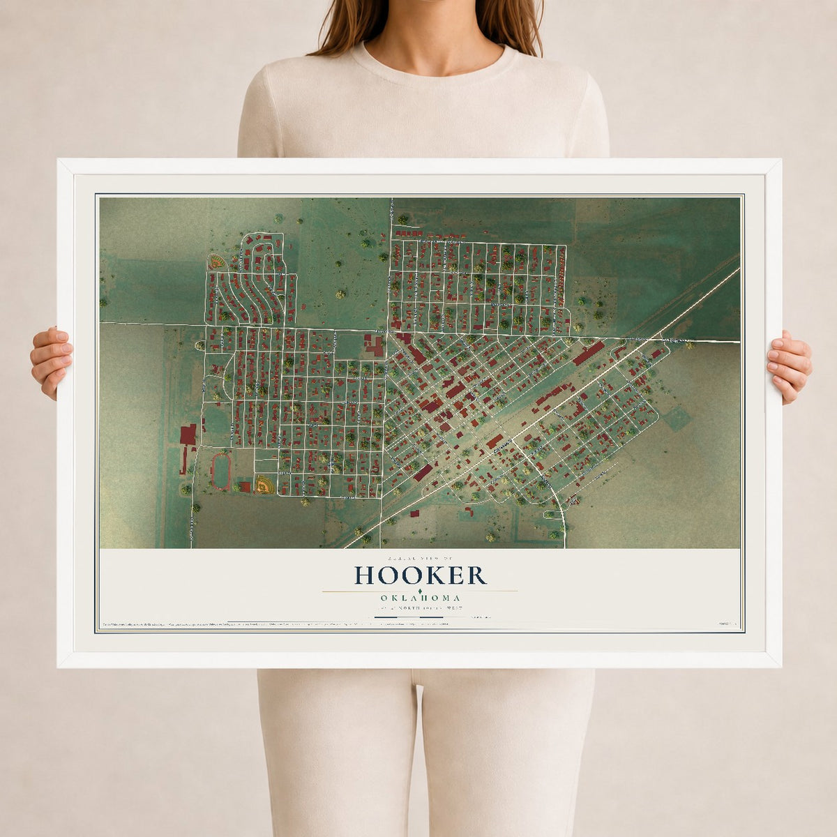 Map of Hooker, Oklahoma, 24 x 36 inch print in a white wood frame