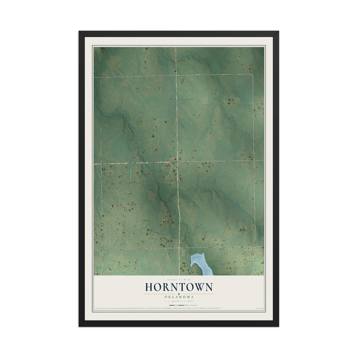 Map of Horntown, Oklahoma, 12 x 18 inch print in a black wood frame
