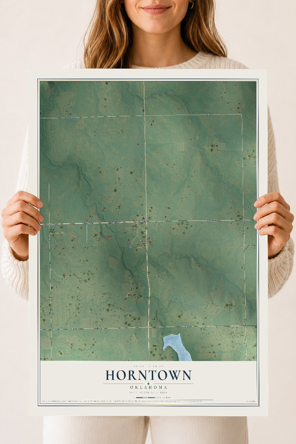 Map of Horntown, Oklahoma, 18 x 24 inch unframed archival matte print