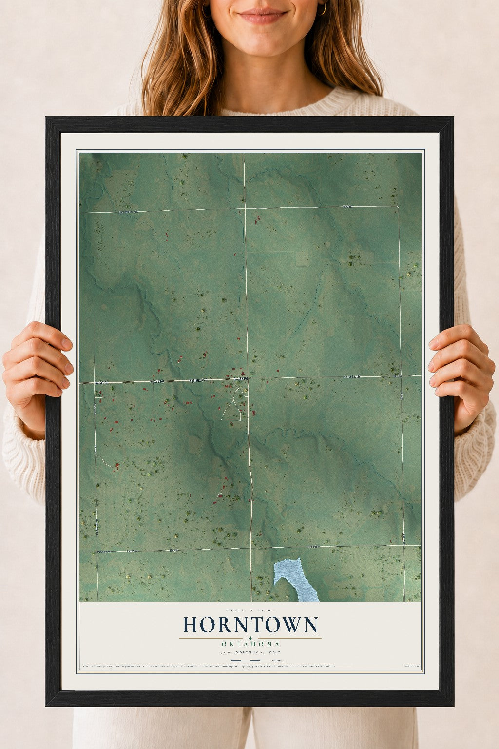 Map of Horntown, Oklahoma, 18 x 24 inch print in a black wood frame