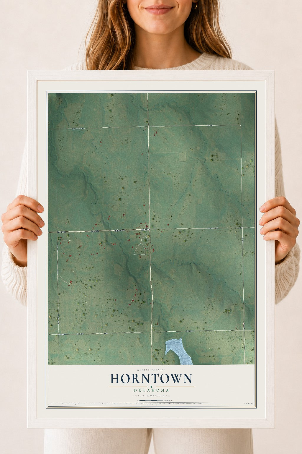Map of Horntown, Oklahoma, 18 x 24 inch print in a white wood frame