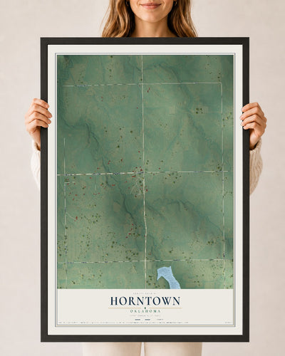 Map of Horntown, Oklahoma, 24 x 36 inch print in a black wood frame
