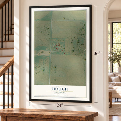 Hough, Oklahoma map, 24 x 36 inch print in a black frame by a staircase