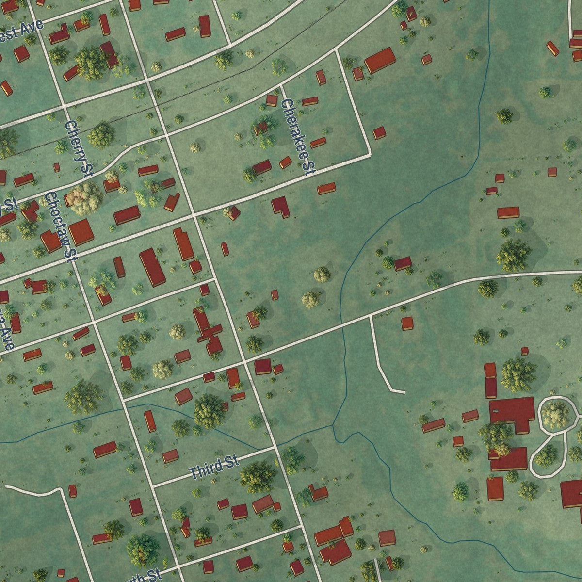 Close-up of the map of Howe, Oklahoma print showing street and building detail