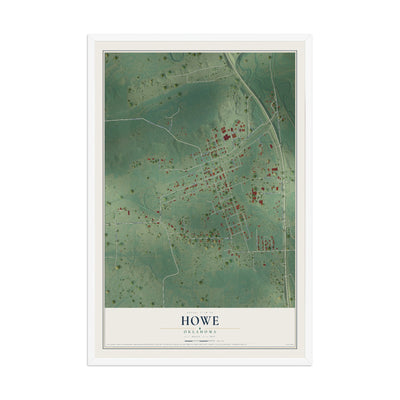 Map of Howe, Oklahoma, 12 x 18 inch print in a white wood frame