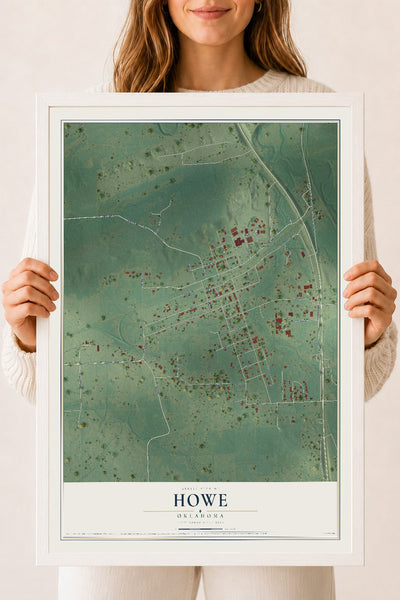 Map of Howe, Oklahoma, 18 x 24 inch print in a white wood frame