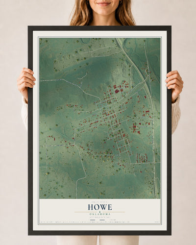 Map of Howe, Oklahoma, 24 x 36 inch print in a black wood frame