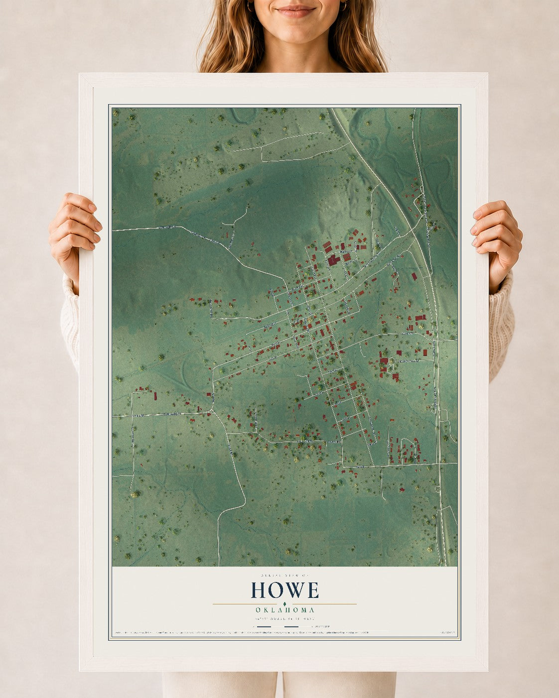 Map of Howe, Oklahoma, 24 x 36 inch print in a white wood frame