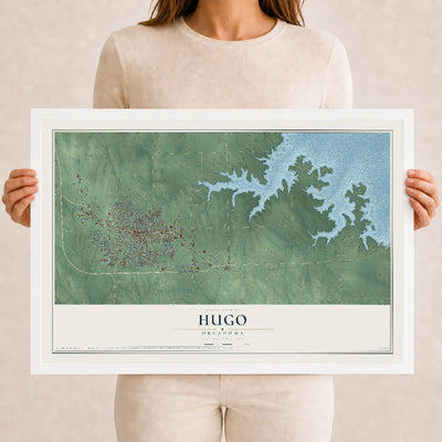 Map of Hugo, Oklahoma, 12 x 18 inch print in a white wood frame