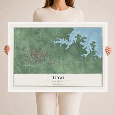 Map of Hugo, Oklahoma, 24 x 36 inch print in a white wood frame