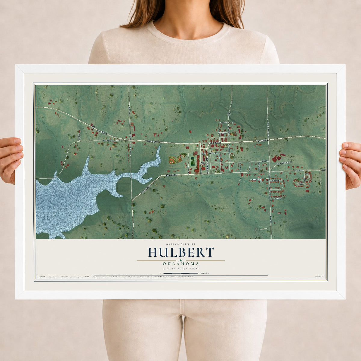 Map of Hulbert, Oklahoma, 18 x 24 inch print in a white wood frame