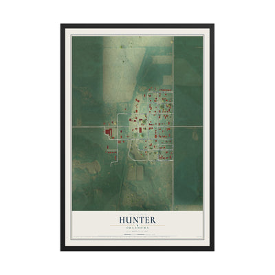 Map of Hunter, Oklahoma, 12 x 18 inch print in a black wood frame