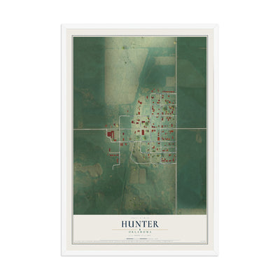 Map of Hunter, Oklahoma, 12 x 18 inch print in a white wood frame
