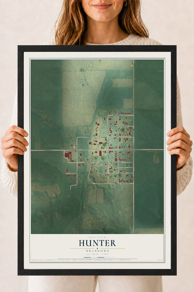 Map of Hunter, Oklahoma, 18 x 24 inch print in a black wood frame