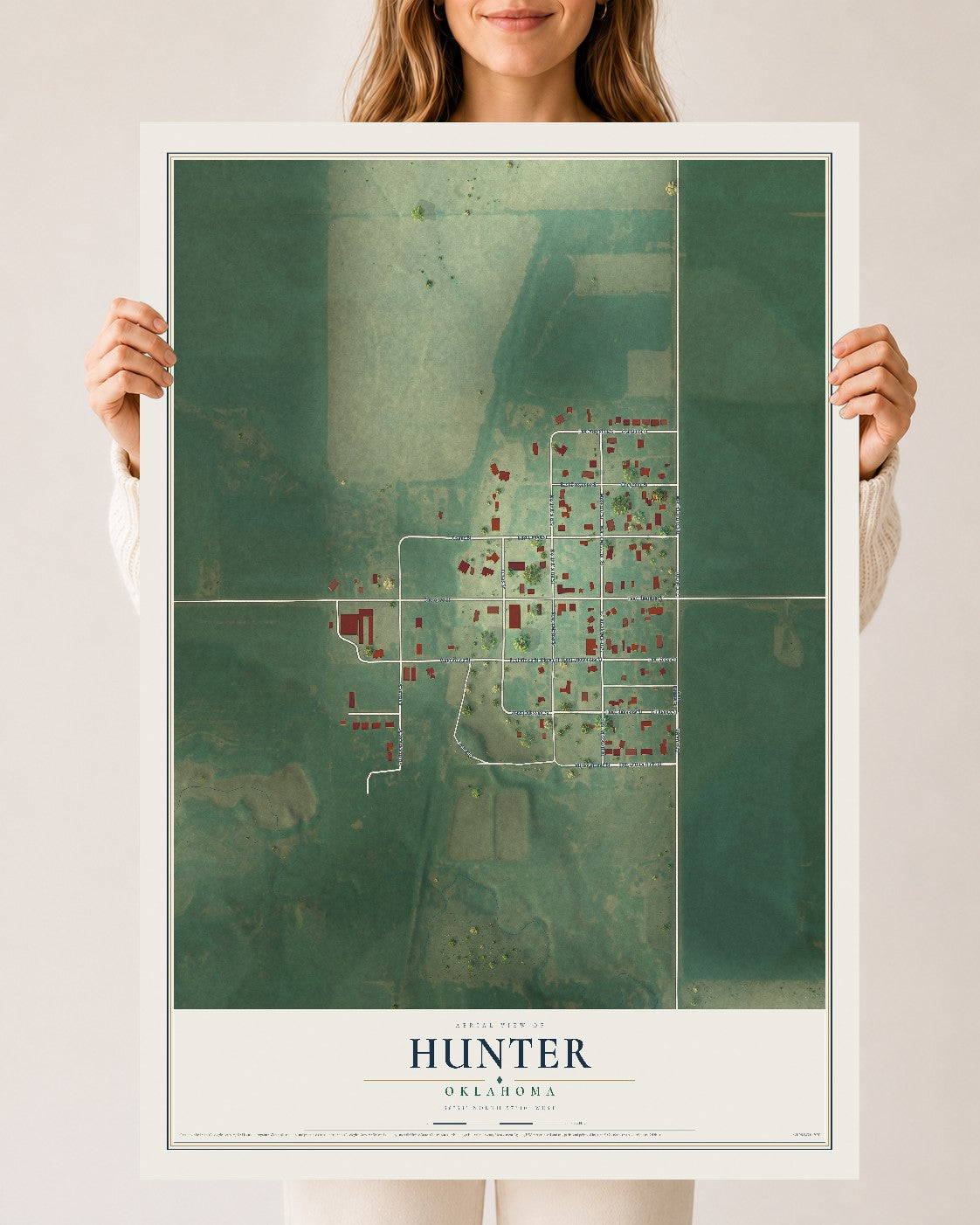 Map of Hunter, Oklahoma, 24 x 36 inch unframed archival matte print