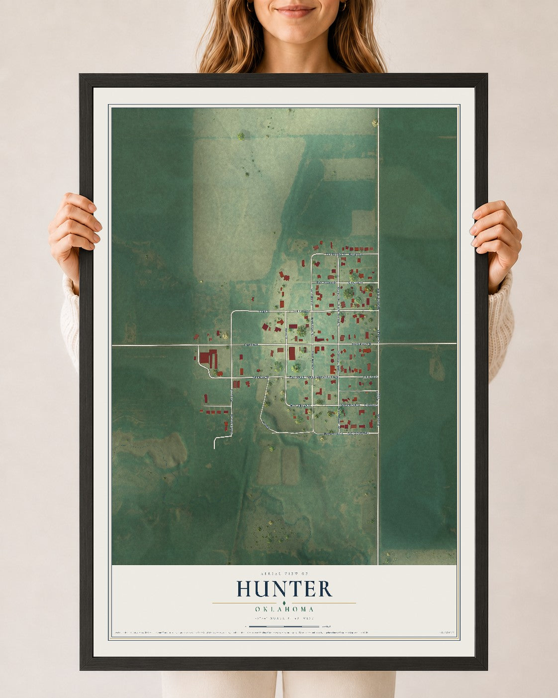 Map of Hunter, Oklahoma, 24 x 36 inch print in a black wood frame