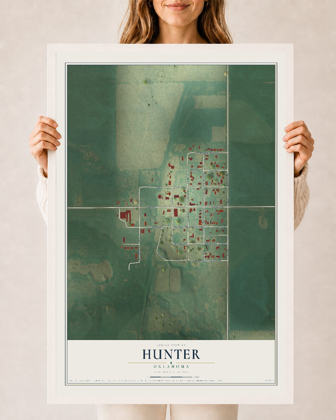 Map of Hunter, Oklahoma, 24 x 36 inch print in a white wood frame