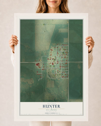 Map of Hunter, Oklahoma, 24 x 36 inch print in a white wood frame