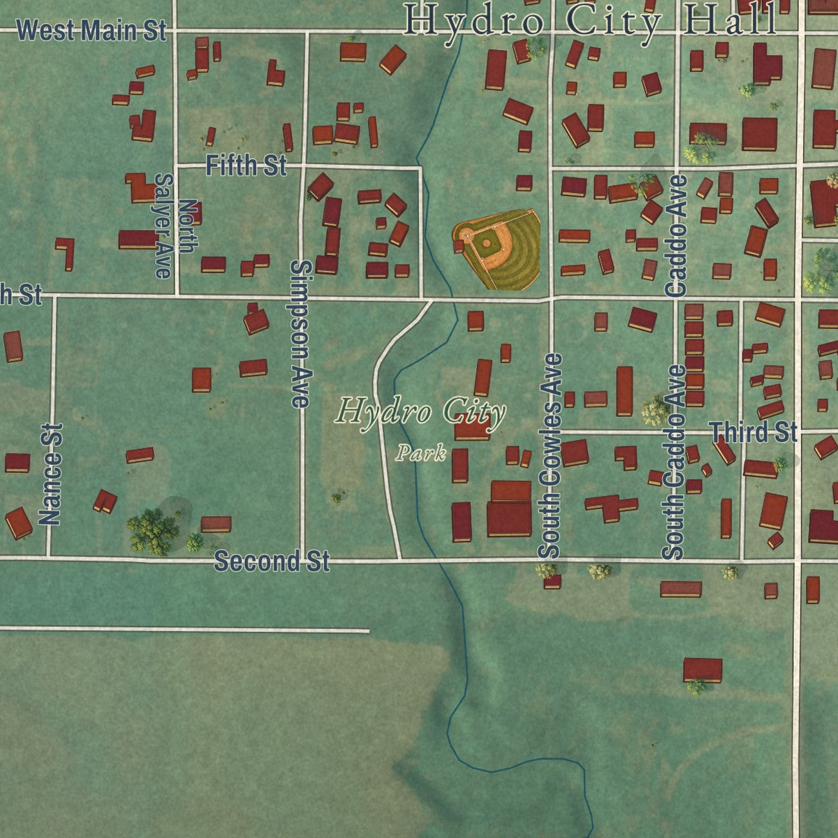 Second close-up of the map of Hydro, Oklahoma print showing more streets and buildings