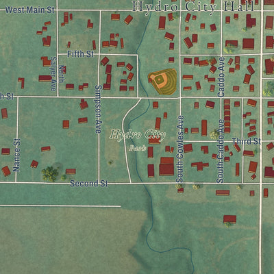 Second close-up of the map of Hydro, Oklahoma print showing more streets and buildings