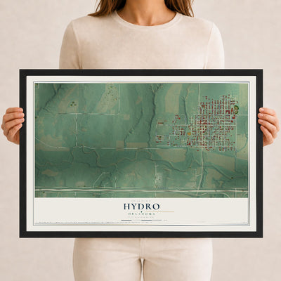 Map of Hydro, Oklahoma, 12 x 18 inch print in a black wood frame