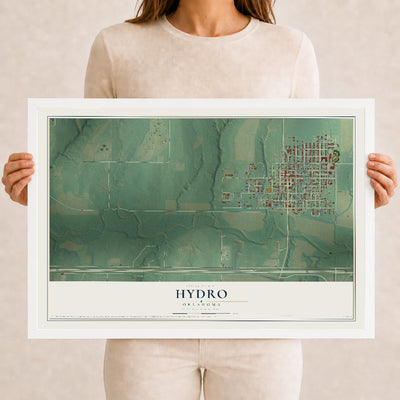Map of Hydro, Oklahoma, 12 x 18 inch print in a white wood frame