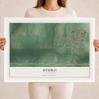 Map of Hydro, Oklahoma, 18 x 24 inch print in a white wood frame