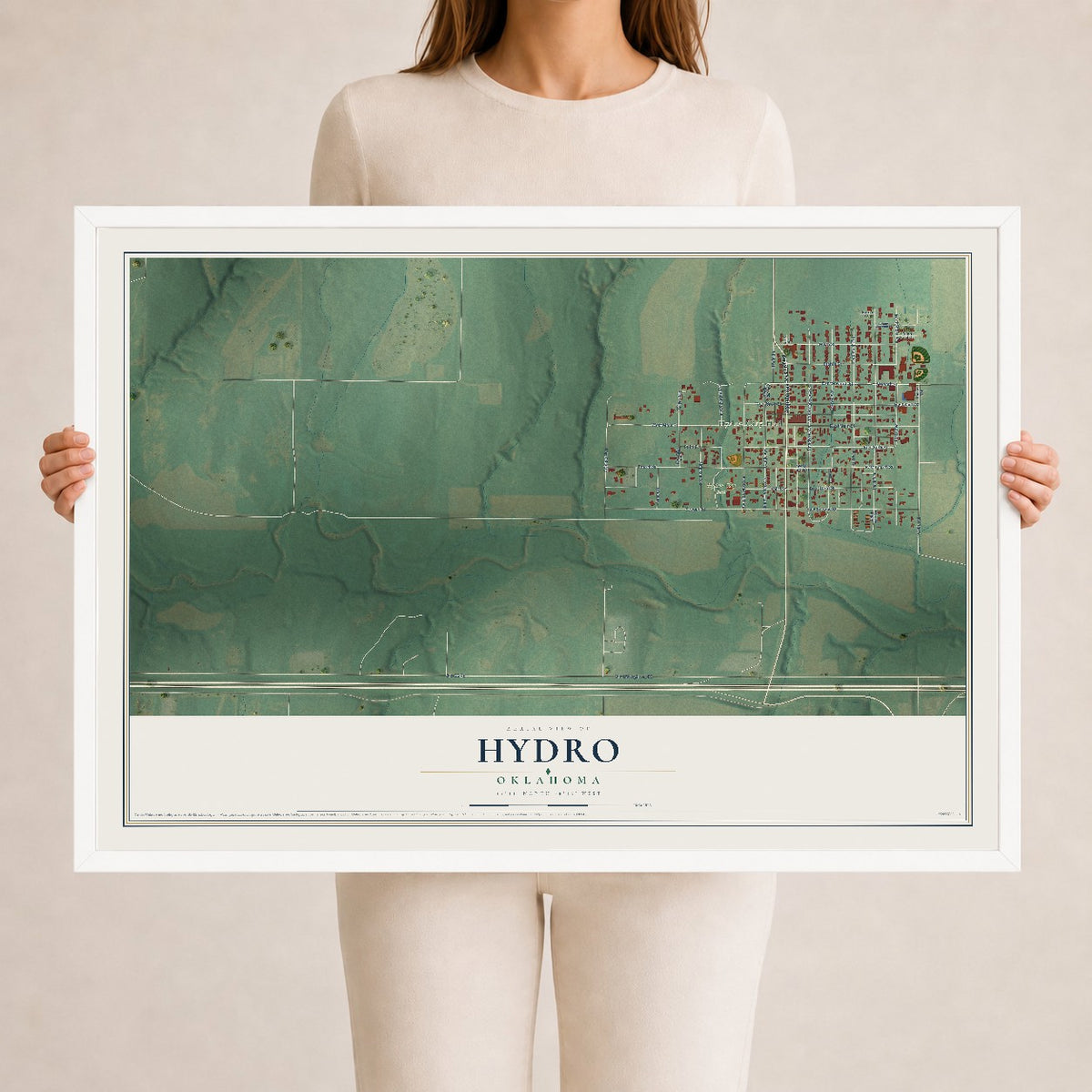 Map of Hydro, Oklahoma, 24 x 36 inch print in a white wood frame