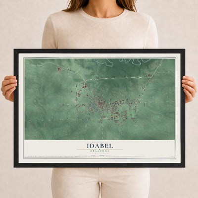 Map of Idabel, Oklahoma, 12 x 18 inch print in a black wood frame