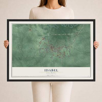 Map of Idabel, Oklahoma, 24 x 36 inch print in a black wood frame