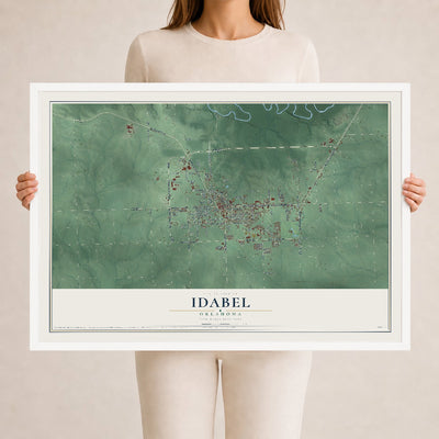 Map of Idabel, Oklahoma, 24 x 36 inch print in a white wood frame