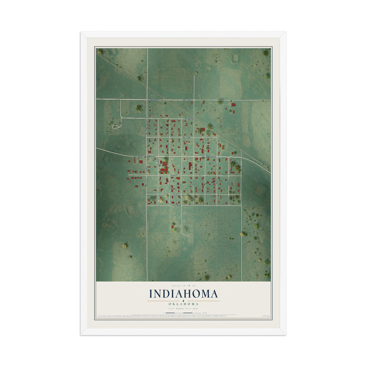Map of Indiahoma, Oklahoma, 12 x 18 inch print in a white wood frame