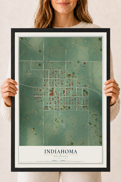 Map of Indiahoma, Oklahoma, 18 x 24 inch print in a black wood frame