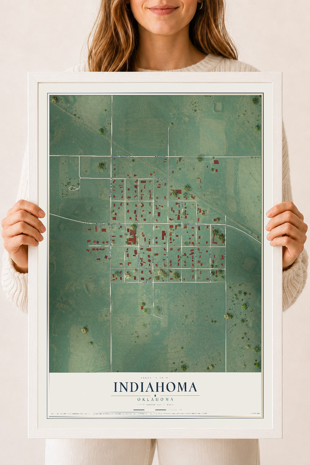Map of Indiahoma, Oklahoma, 18 x 24 inch print in a white wood frame