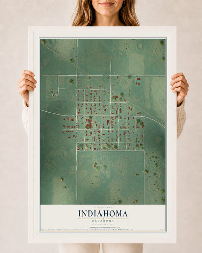 Map of Indiahoma, Oklahoma, 24 x 36 inch print in a white wood frame