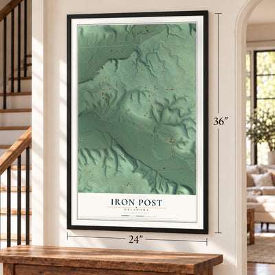 Iron Post, Oklahoma map, 24 x 36 inch print in a black frame by a staircase