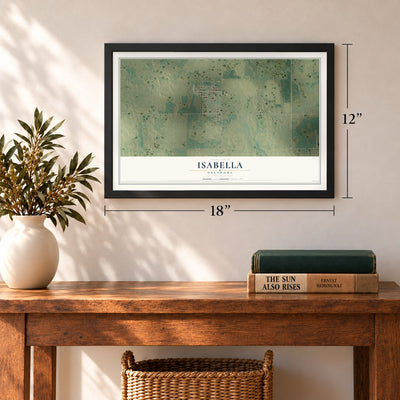 Isabella, Oklahoma map, 12 x 18 inch print in a black frame in an entryway