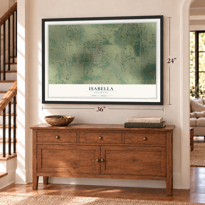 Isabella, Oklahoma map, 24 x 36 inch print in a black frame above a dresser by a staircase
