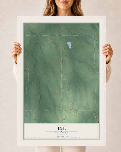 Map of IXL, Oklahoma, 24 x 36 inch print in a white wood frame
