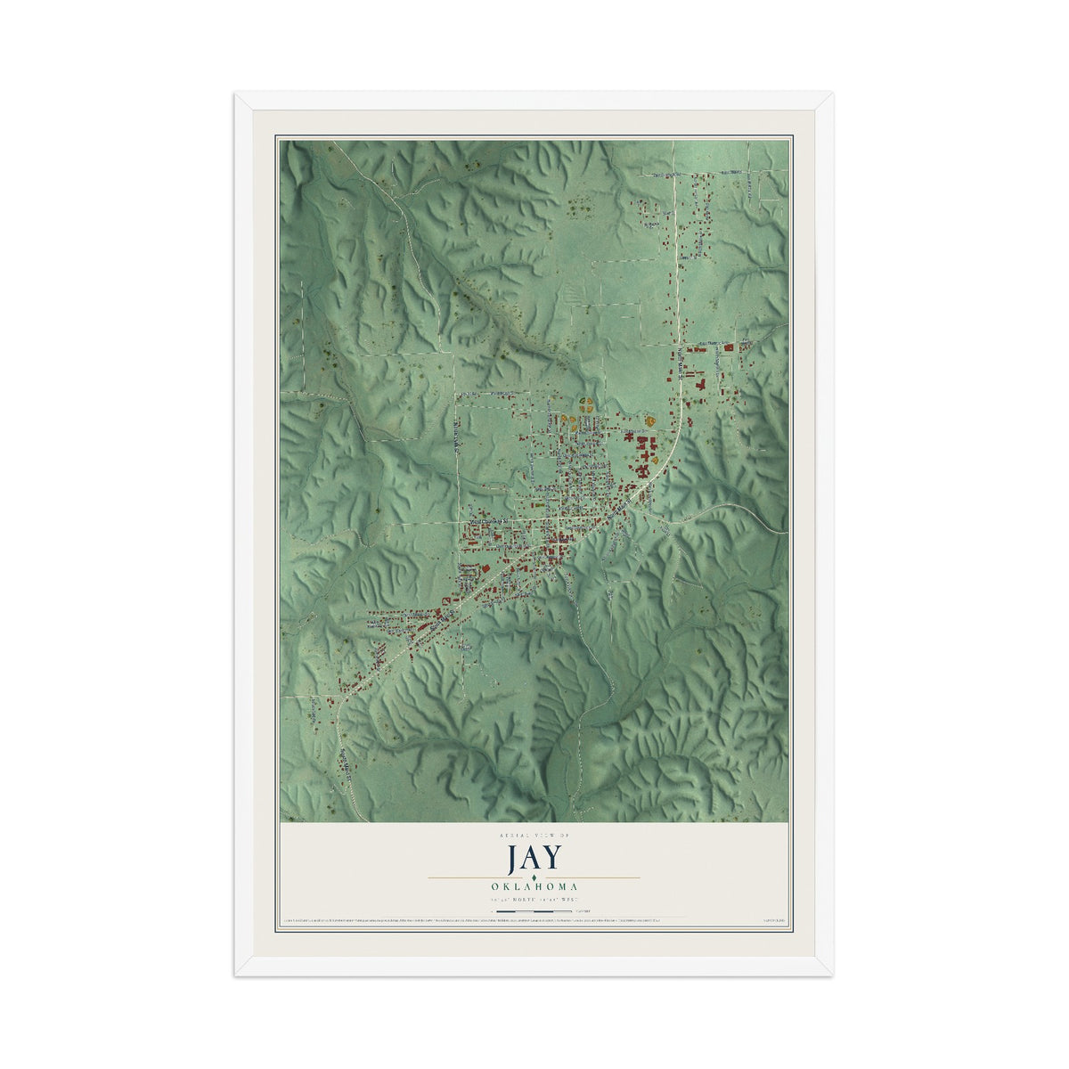 Map of Jay, Oklahoma, 12 x 18 inch print in a white wood frame